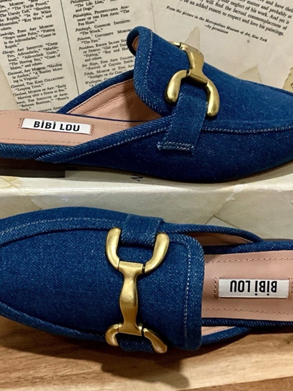 Anthropologie Bibi Lou Zagreb Slip On Loafers Denim Gold Trim - Picture 7 of 9